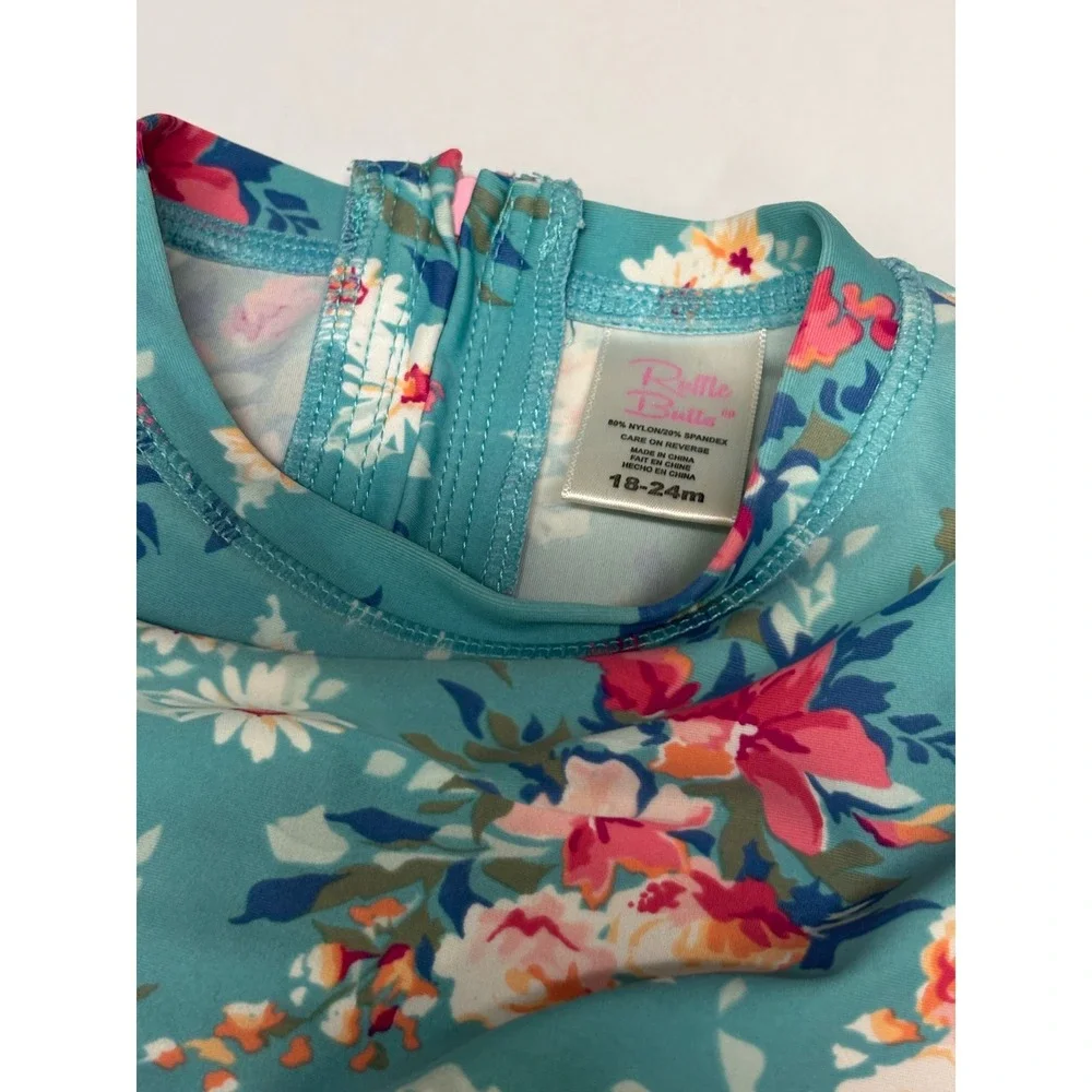 RuffleButts Girls Teal Floral Long Sleeve Rash Guard Swimsuit 18-24M Ruffles